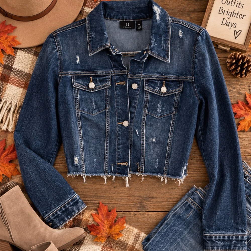 G by Giuliana Dark Blue Cropped Distressed Denim Jacket